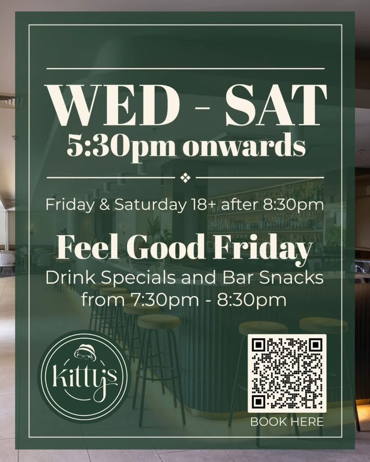 Featured image for “Feel Good Friday Hour: Bar and Dining at Kitty’s Bar from 5:30pm”